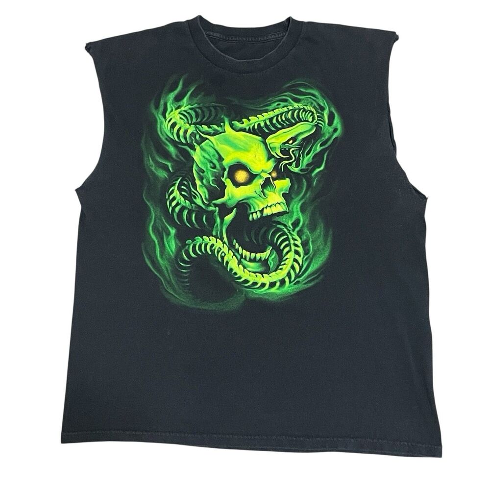 Metalcore Green Flaming Skull Tank Shirt Adult Large Grunge Sleeveless
